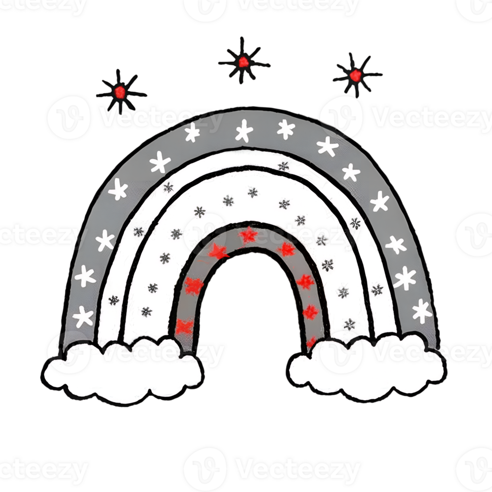 Whimsical doodle of a black and white rainbow with red accents and star decorations, perfect for playful and creative designs. png