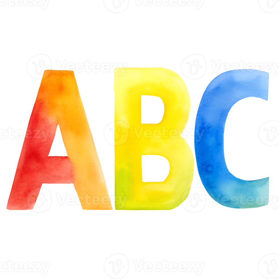 Colorful watercolor ABC letters for educational and artistic design. Vibrant and playful illustration suitable for kids and creative projects. png