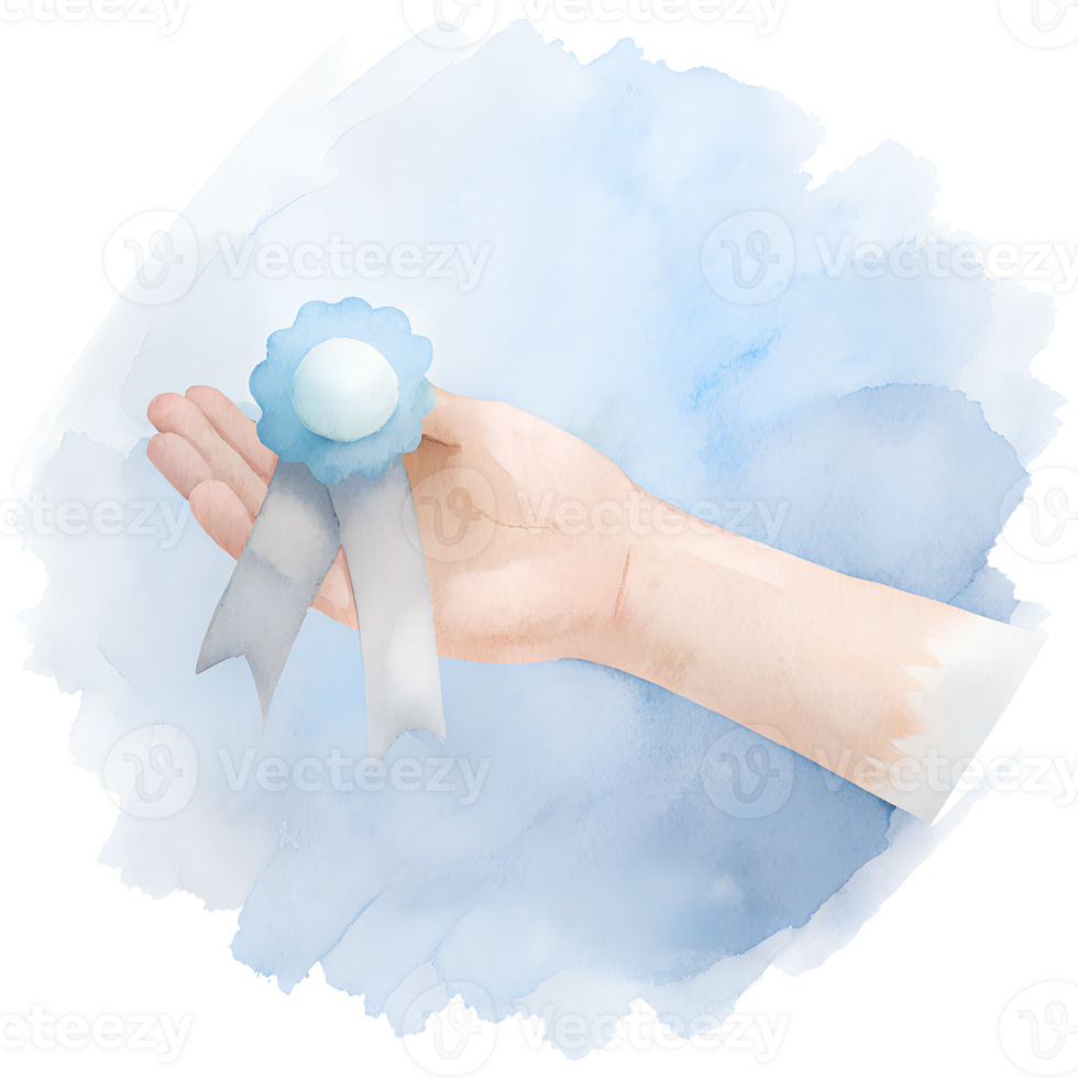 Watercolor painting of a hand holding an award ribbon against a soft blue background, symbolizing achievement and recognition. png