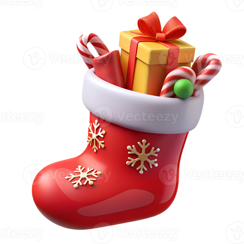 Festive Christmas stocking filled with candy canes, a present, and decorations, perfect for holiday celebrations and seasonal joy. png