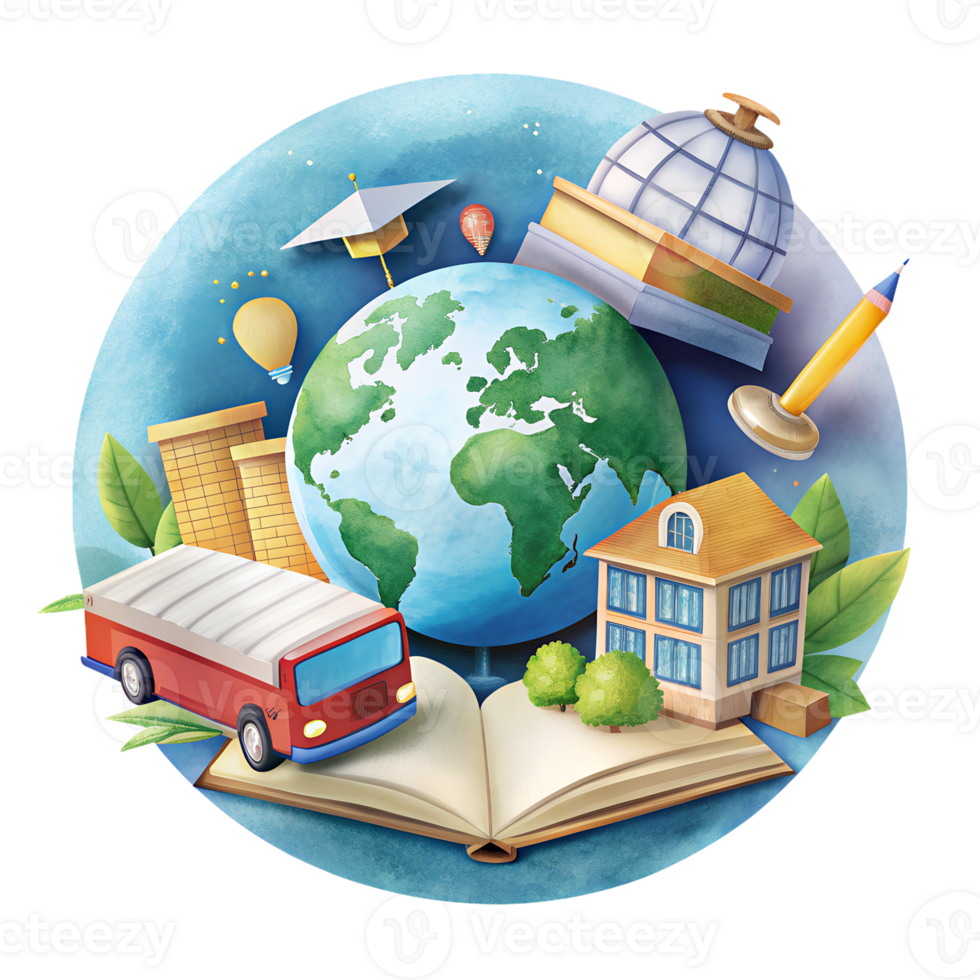 Colorful education concept with globe, books, and school elements symbolizing global learning and knowledge. png