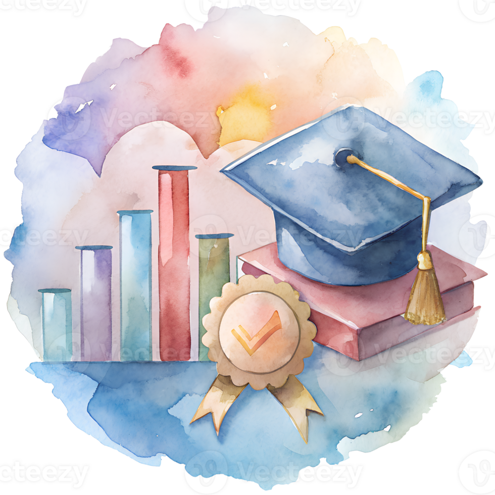 Colorful illustration of education success with a graduation cap, books, charts, and a badge. png