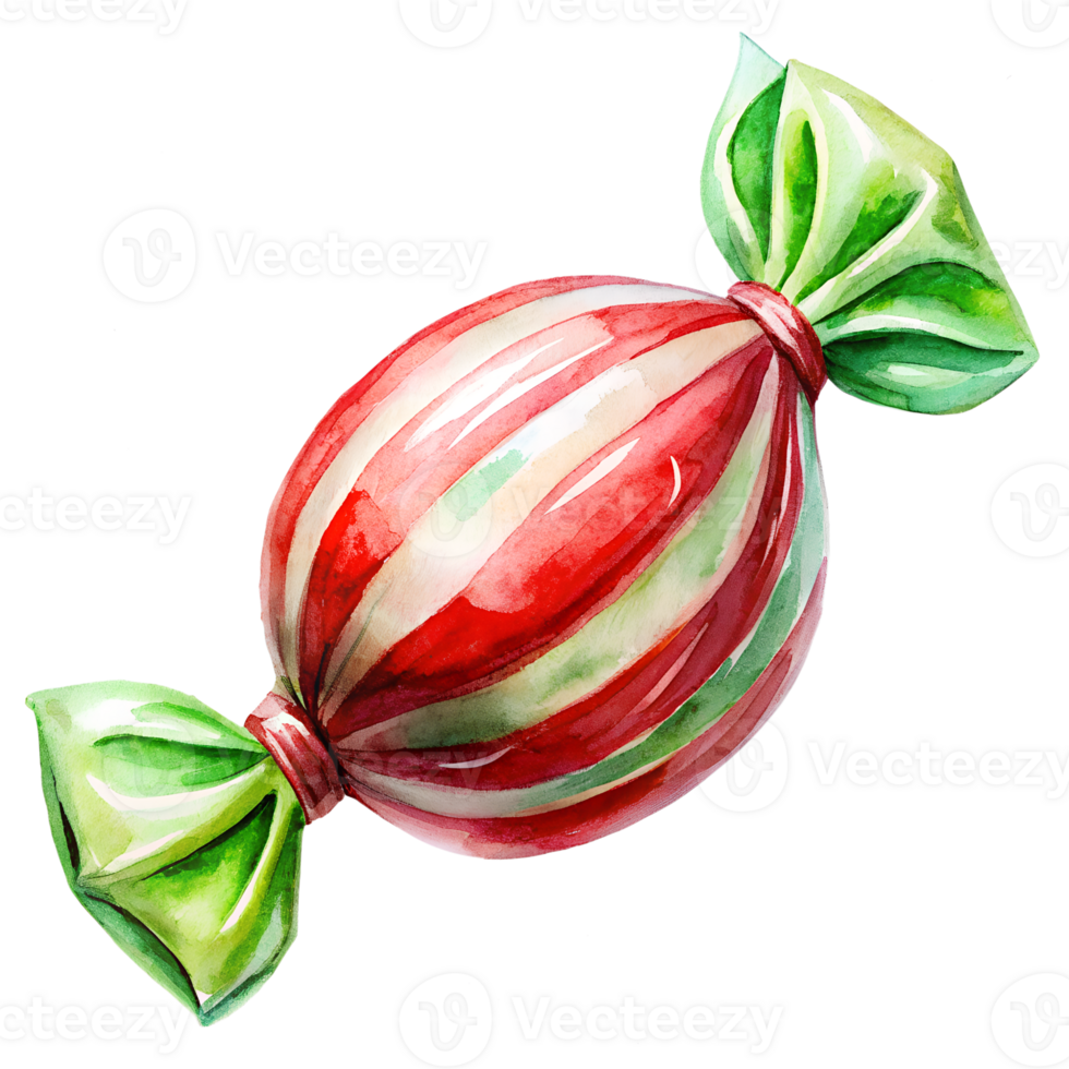 Vibrant watercolor of a red and green striped candy wrapped in twist ends, perfect for holiday themes and festive designs. png