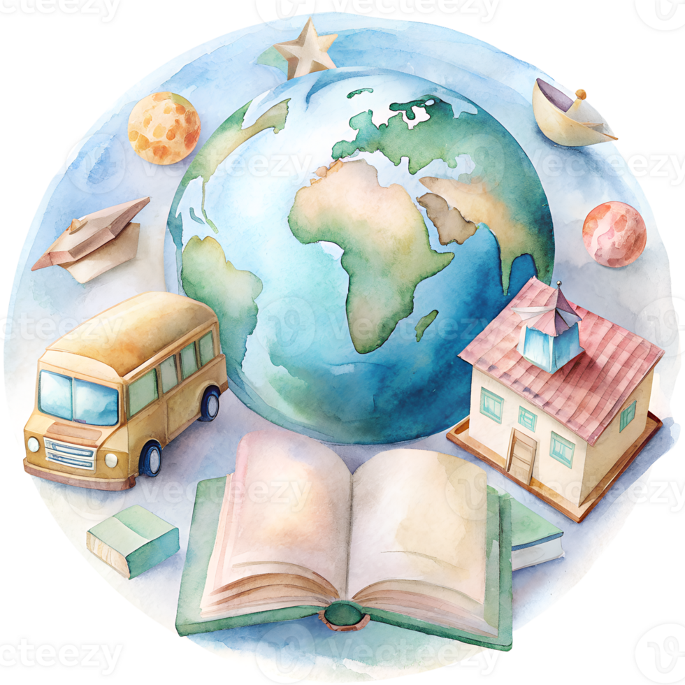 Colorful watercolor illustration depicting travel, education, and discovery with a globe, book, bus, house, and stars in the background. png