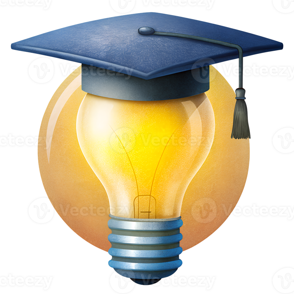 Creative concept image of a lightbulb wearing a graduation cap, symbolizing smart ideas, knowledge, and education innovation. png