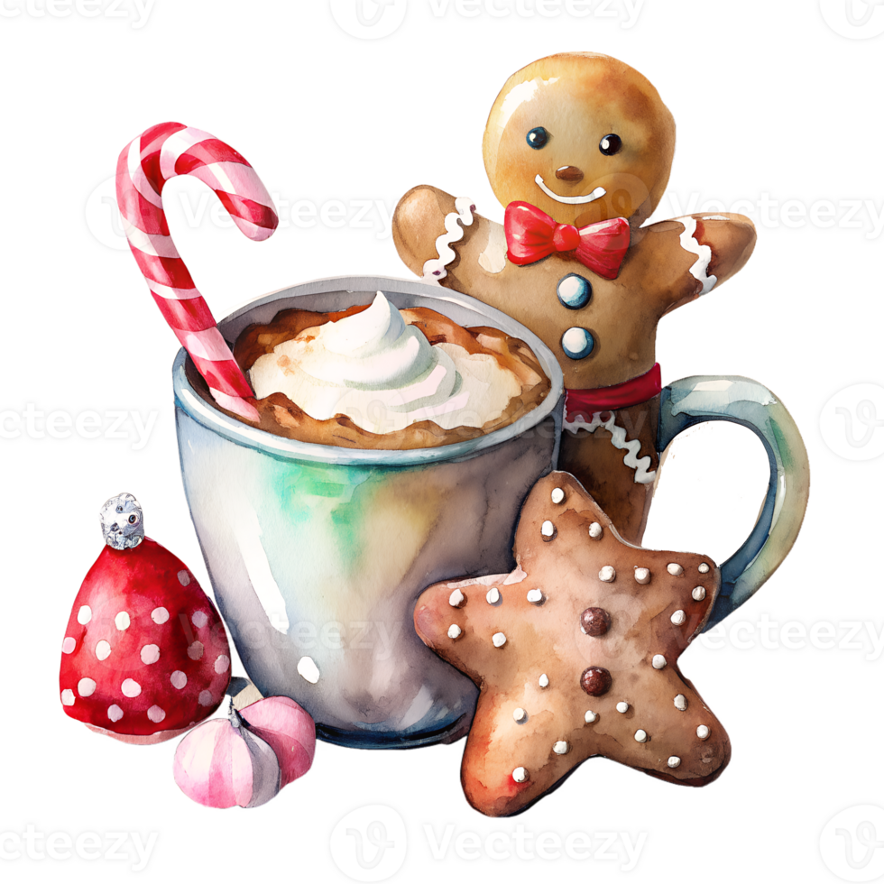 Festive watercolor illustration of a holiday mug with whipped cream, a candy cane, and gingerbread cookies, perfect for Christmas vibes. png