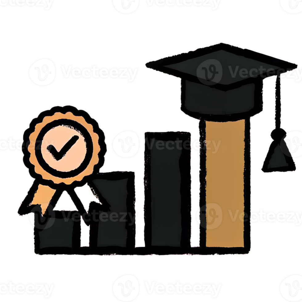 Illustration of academic growth with a graduation cap atop a bar graph and a certificate, representing achievement and progress. png