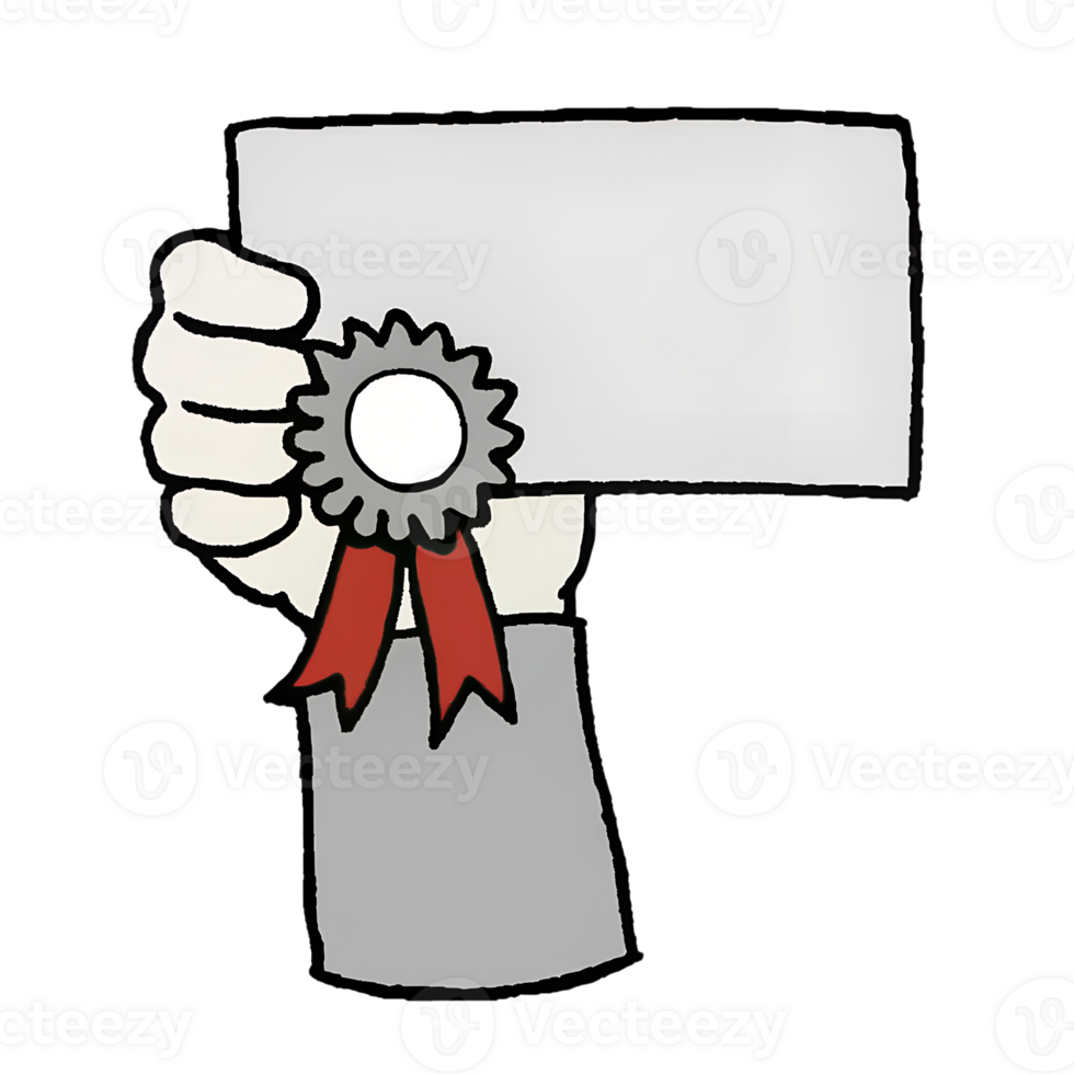 Hand drawn illustration of a hand holding a certificate with a red ribbon, symbolizing achievement, award, and recognition. png