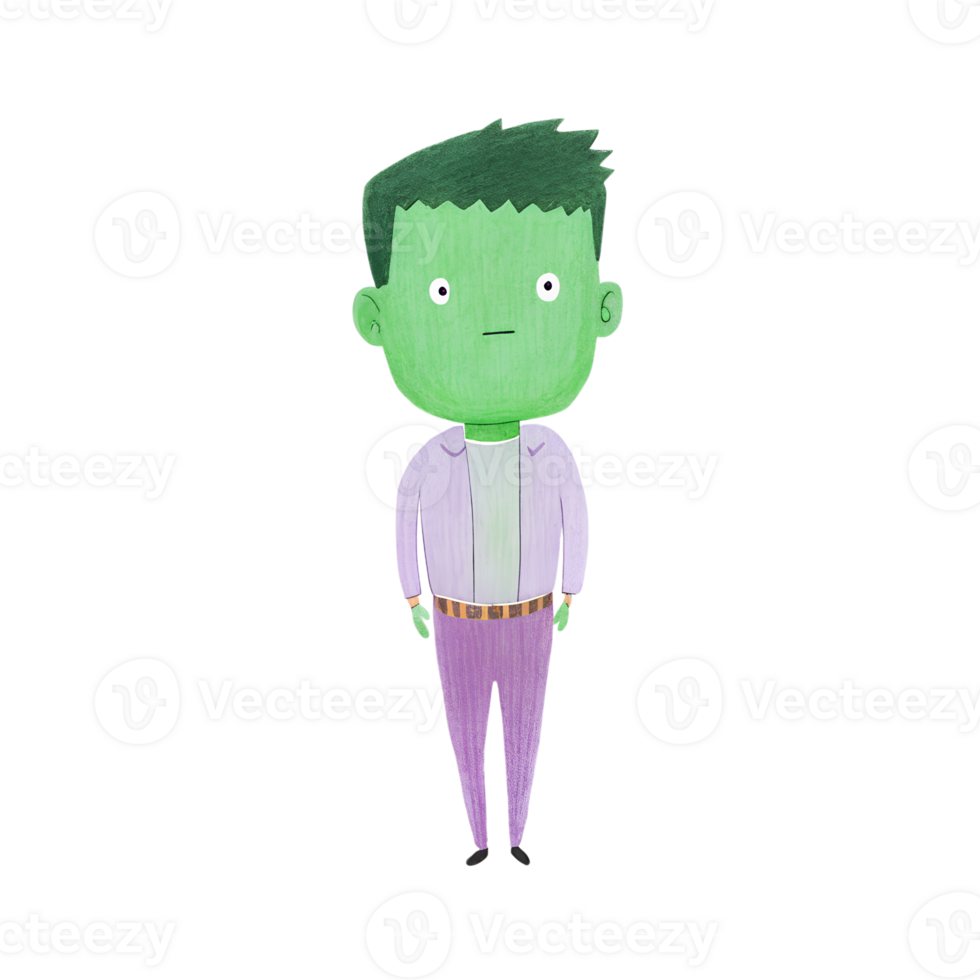 Cartoon illustration of a green-skinned character with a surprised expression, wearing a purple outfit. Ideal for children's books and comics. png