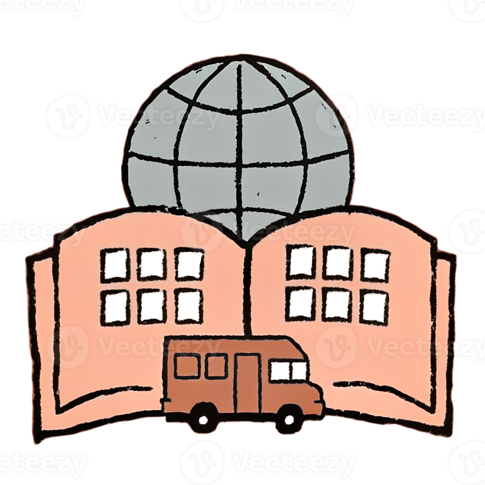 Illustration of a book with a globe and a vehicle, representing global education and travel. Ideal for educational, travel, and learning themes. png
