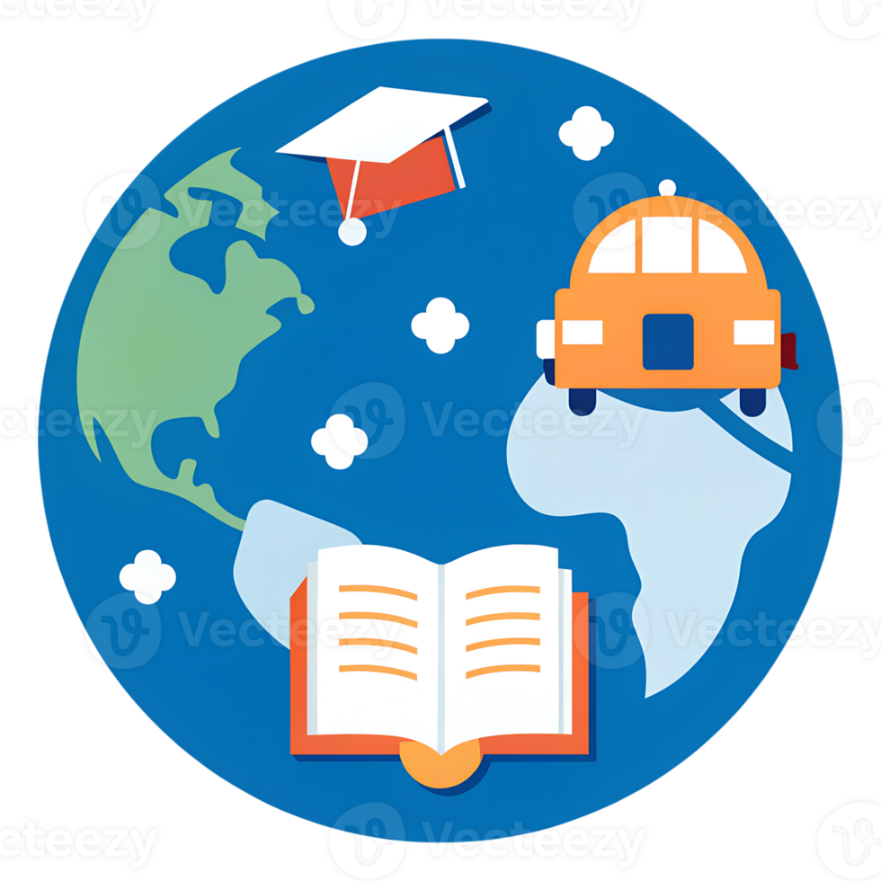 Educational illustration depicting global learning with icons of a book, graduation cap, and school bus on a globe background. png