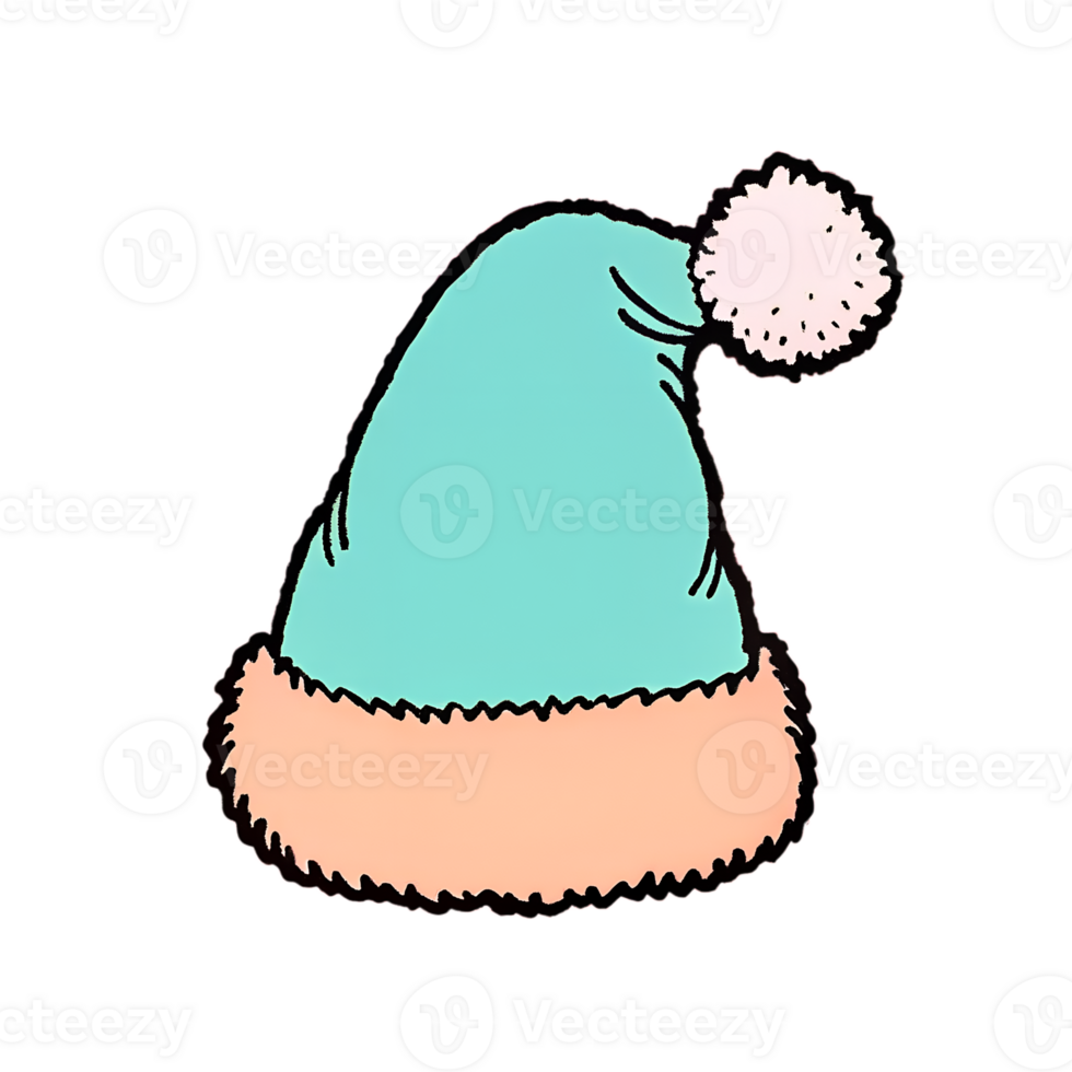 Cartoon illustration of a cute winter hat with a pompom, featuring teal and pink colors. Perfect for holiday and winter-themed designs. png