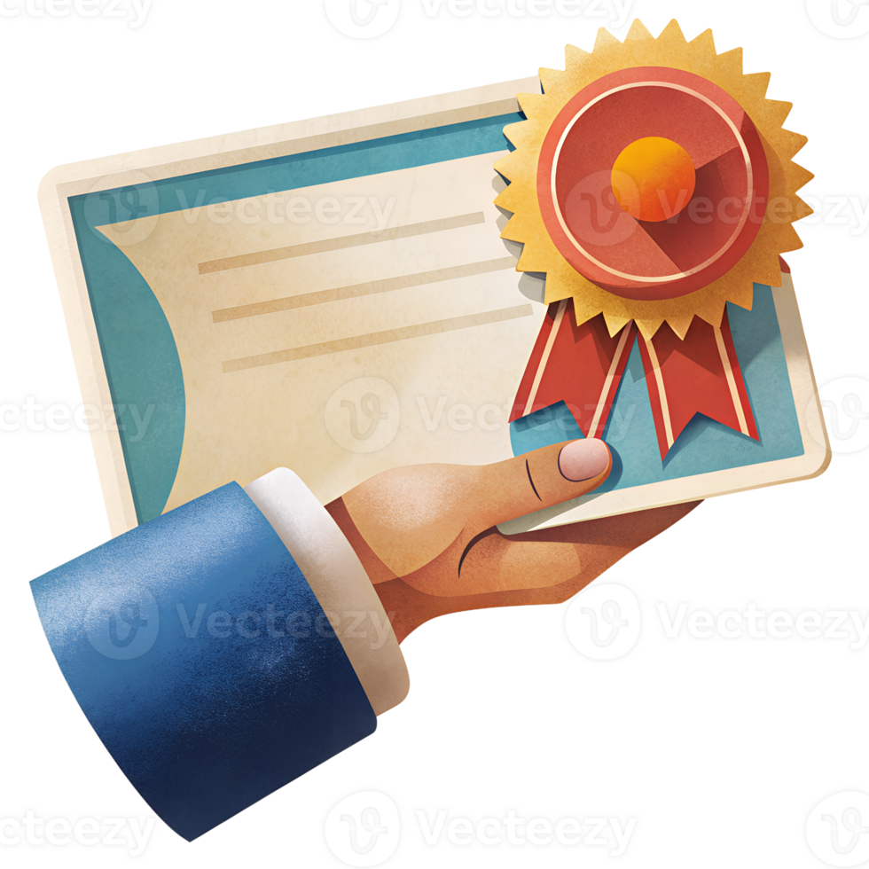 Illustration of a hand holding a certificate with a red ribbon and gold seal, representing achievement and success. png
