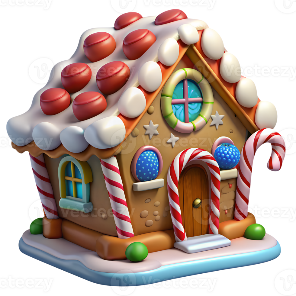 a gingerbread house with candy canes on top png