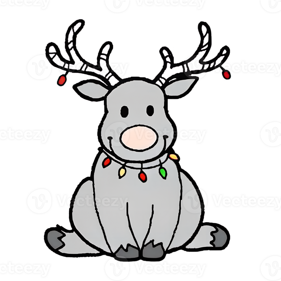 Cartoon reindeer with holiday lights wrapped around antlers, sitting happily, perfect for festive Christmas designs. png