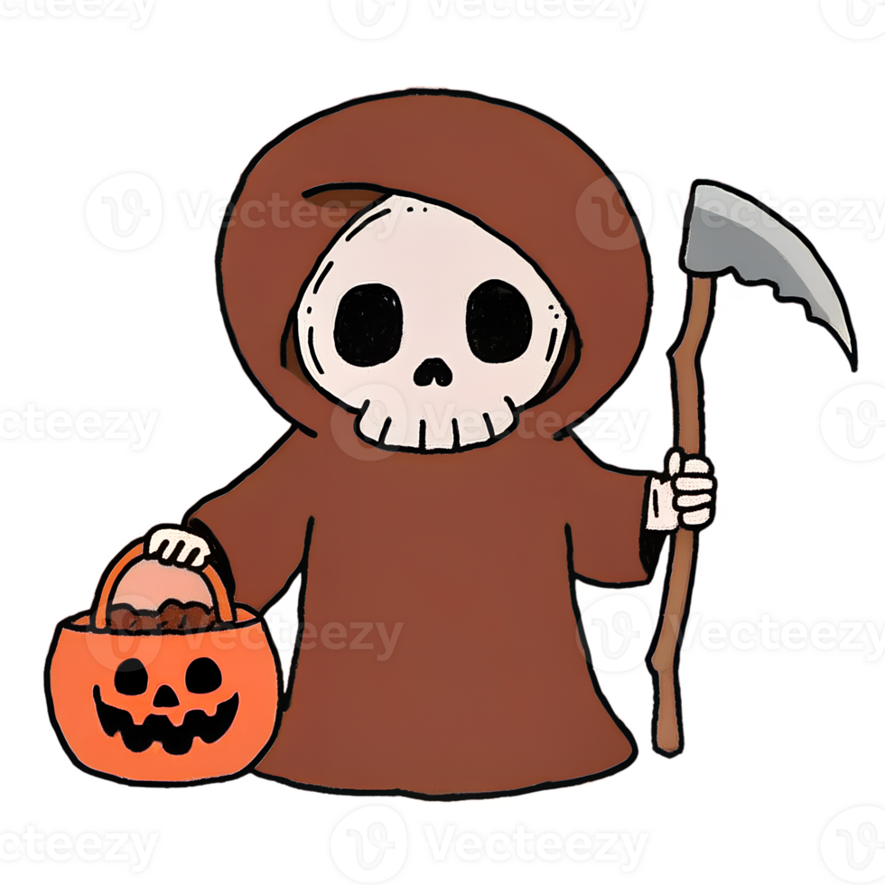 Cartoon grim reaper in brown hooded robe holding a scythe and pumpkin bucket for Halloween. Cute and spooky illustration. png
