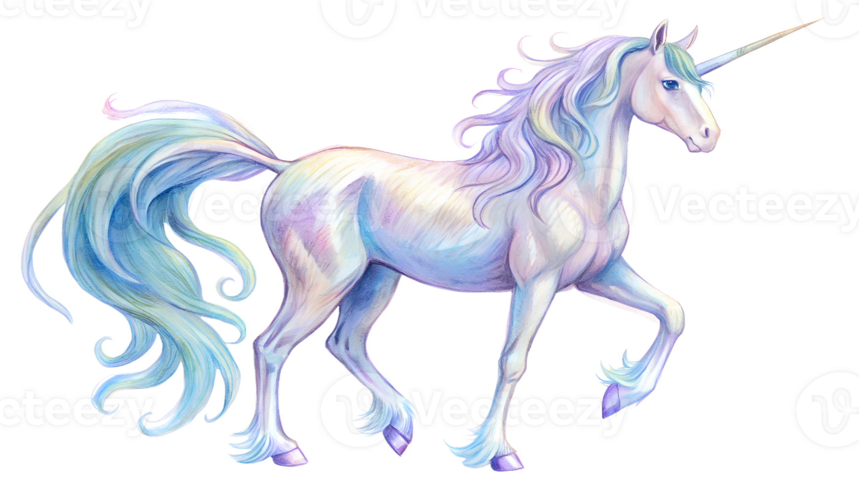 Beautifully illustrated unicorn with flowing mane and tail, showcasing magical elements and mythical fantasy setting for creative projects. png