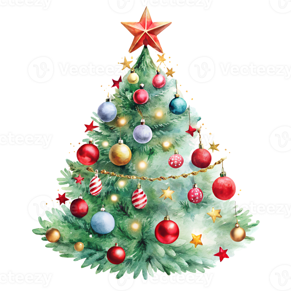 Beautifully decorated Christmas tree with colorful ornaments and a star on top, perfect for holiday celebrations and festive decorations. png
