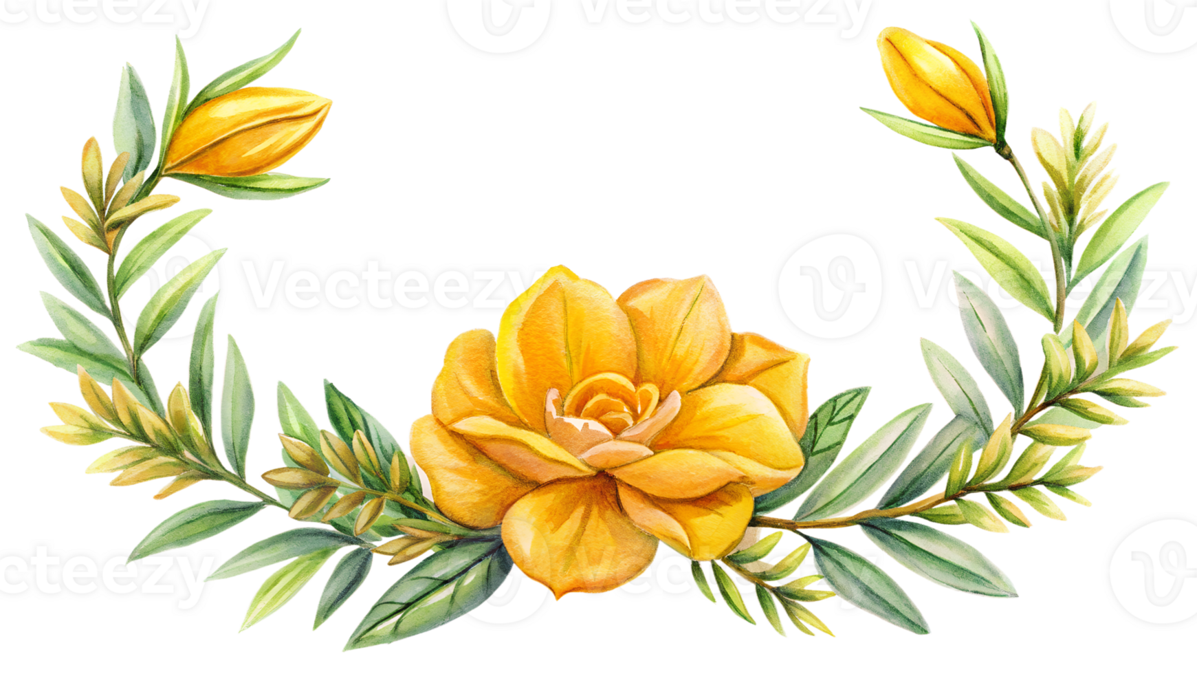 Beautiful yellow floral arrangement with green leaves in a wreath shape, perfect for greeting cards, invitations, or decorative purposes. png