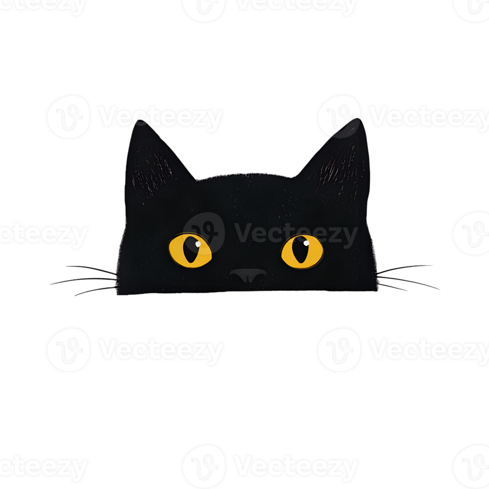 Cute black cat illustration with yellow eyes peeking, isolated on white background, perfect for playful and mysterious designs. png