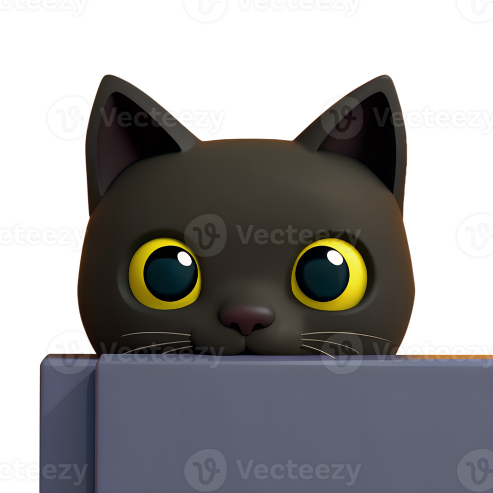 Adorable 3D illustration of a black cat peeking over a surface, featuring big yellow eyes. Perfect for animal lovers and cartoon art enthusiasts. png