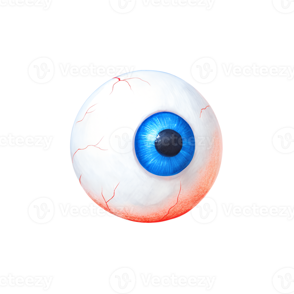 Close-up of a detailed 3D blue eyeball with clear veins and realistic texture, isolated on a white background. png