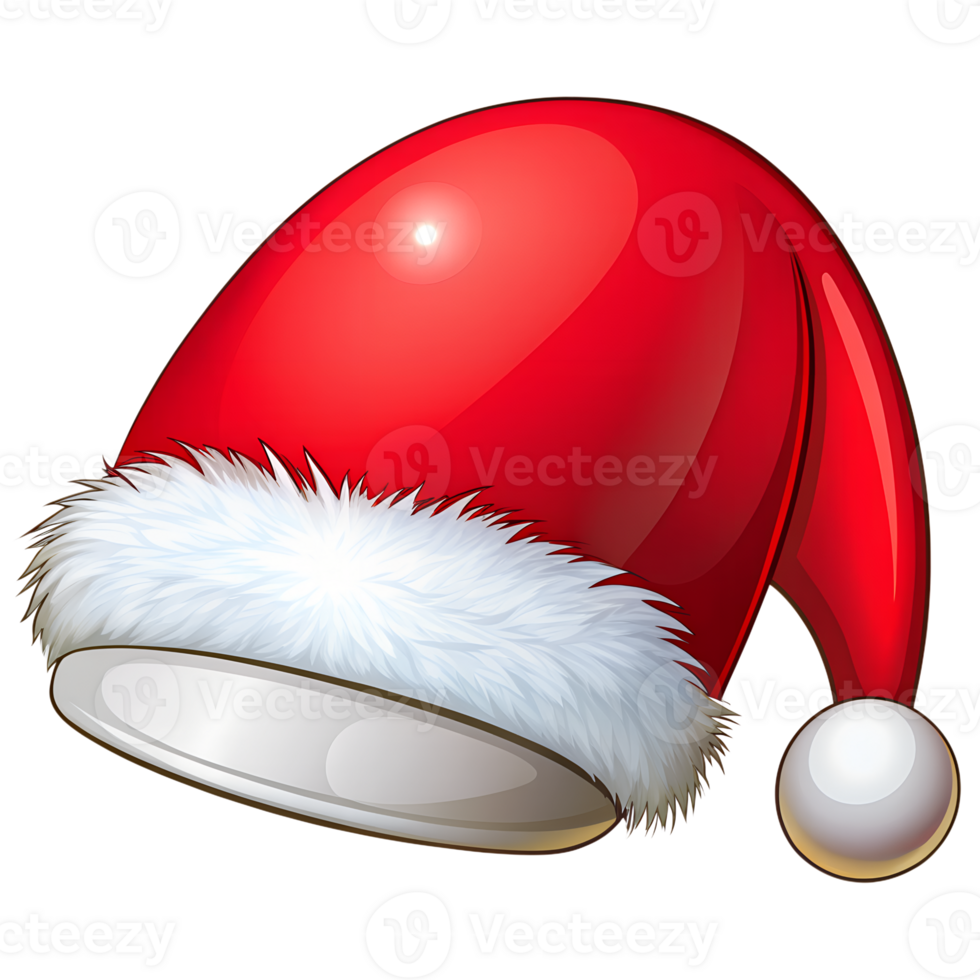Bright red and white Santa Claus hat with fluffy trim and a pom-pom, perfect for holiday celebrations and Christmas festivities. png