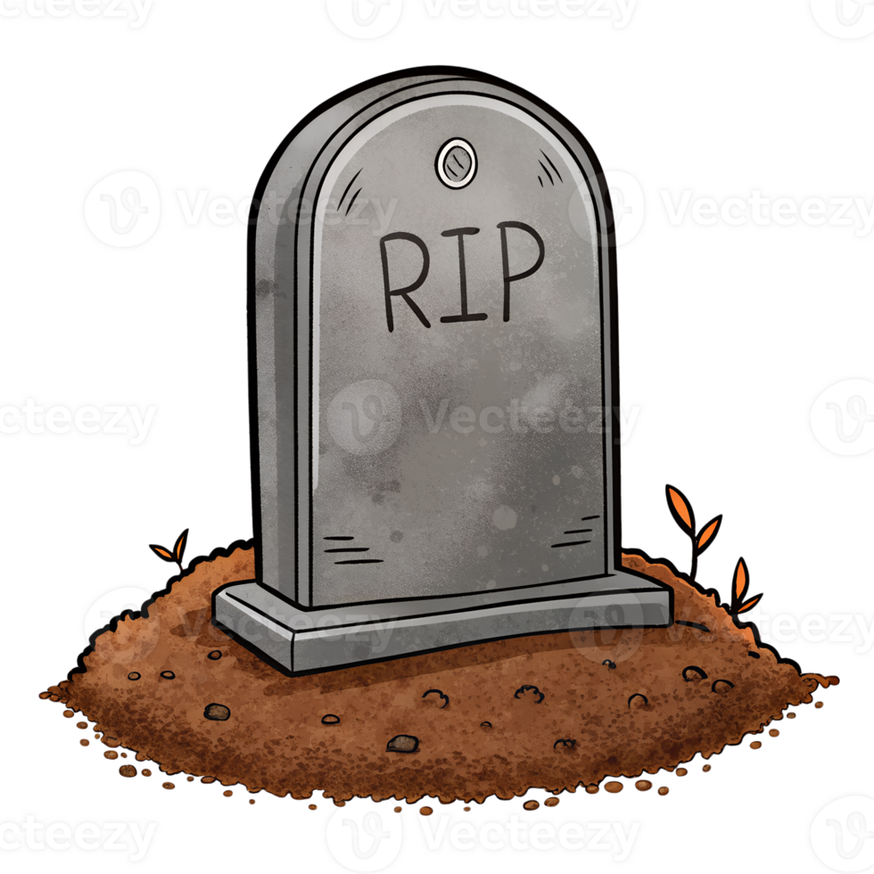 Cartoon gravestone with RIP inscription on dirt mound, representing death, remembrance, and Halloween theme. png