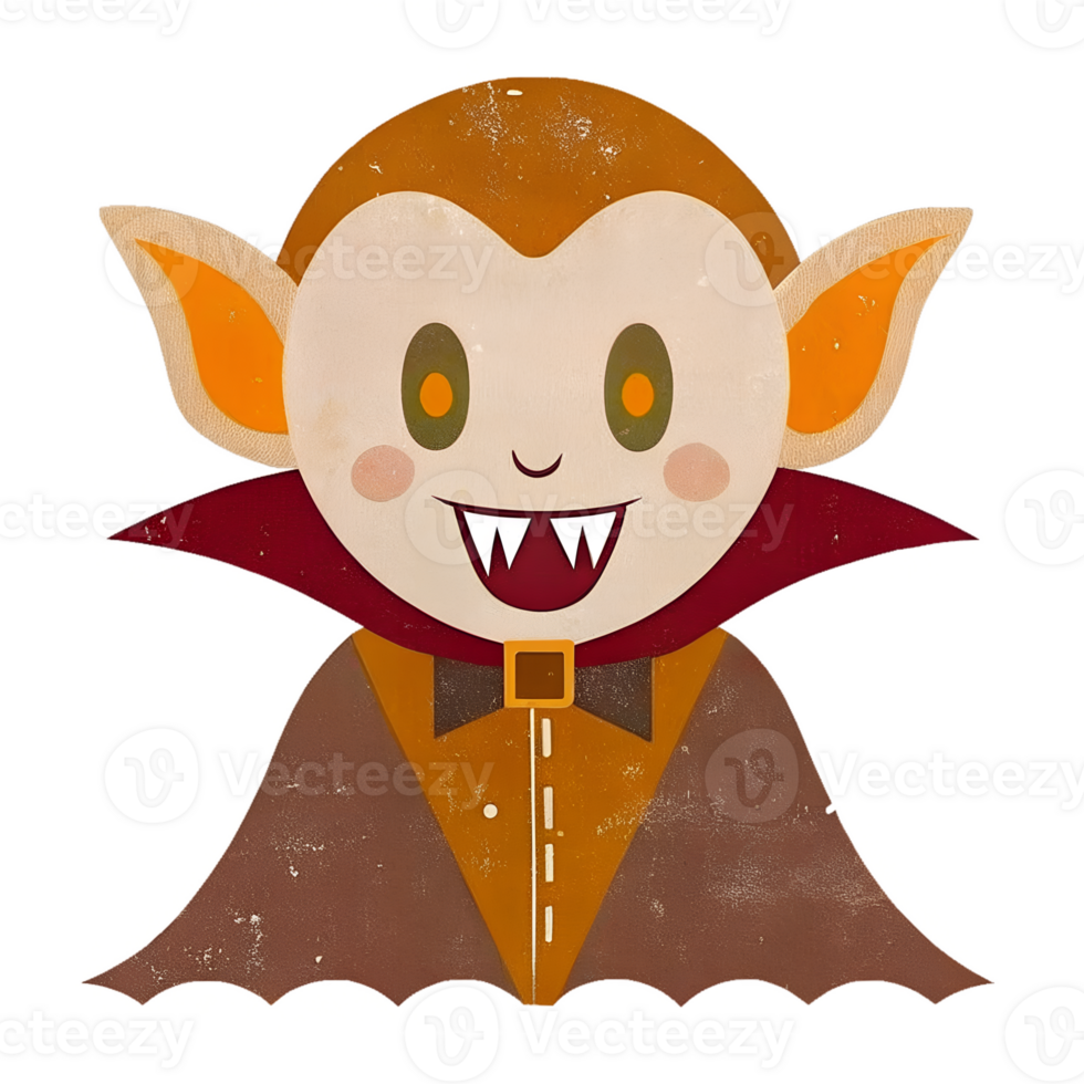 Cute cartoon vampire character with pointed ears, a cape, and fangs. Perfect for Halloween and spooky-themed designs. png