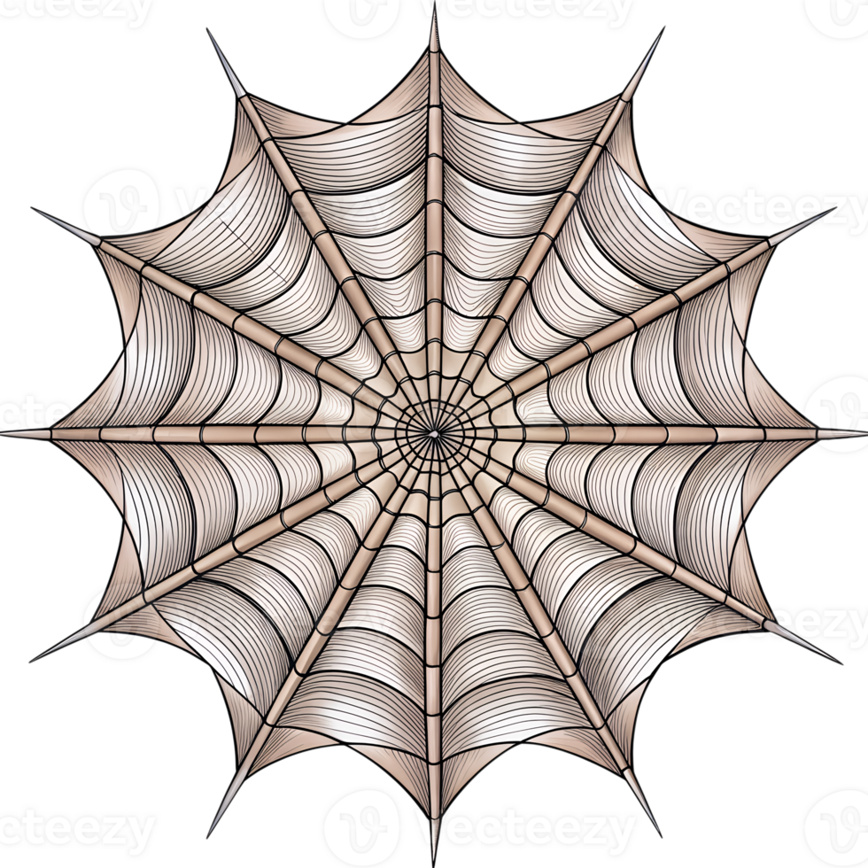 Close-up of a detailed symmetrical spiderweb illustration with intricate patterns against a white background. Perfect for Halloween themes. png