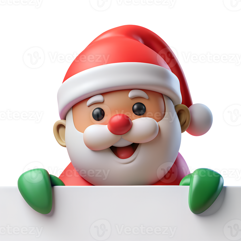 Cute cartoon Santa Claus peeking over a white sign. Festive Christmas illustration perfect for holiday designs and festive cards. png