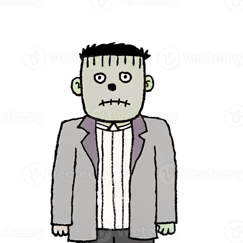 Cartoon-style illustration of a Frankenstein-inspired character with a stitched mouth and green skin wearing a grey suit. png
