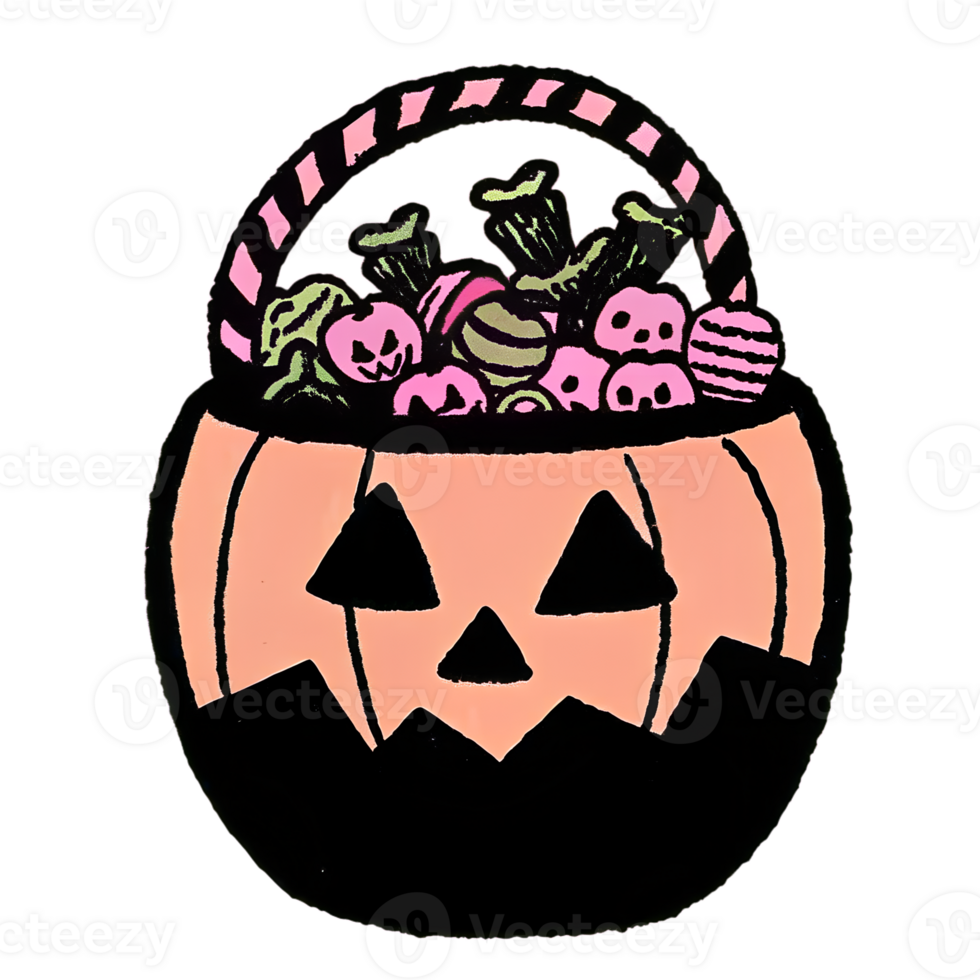 Colorful Halloween candy in a festive pumpkin basket, perfect for spooky holiday celebrations and trick-or-treating events. png