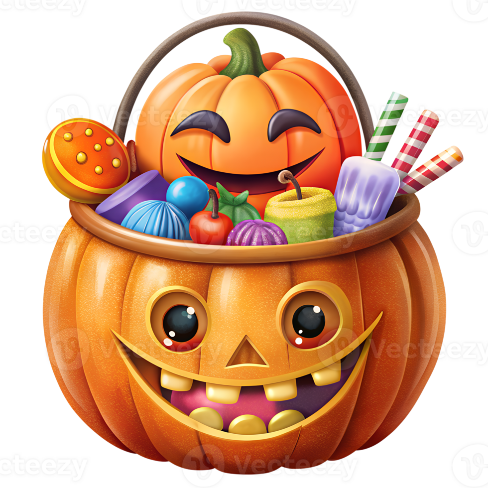 Colorful Halloween candy basket with a smiling pumpkin face, filled with assorted candies and lollipops, perfect for festive celebrations. png