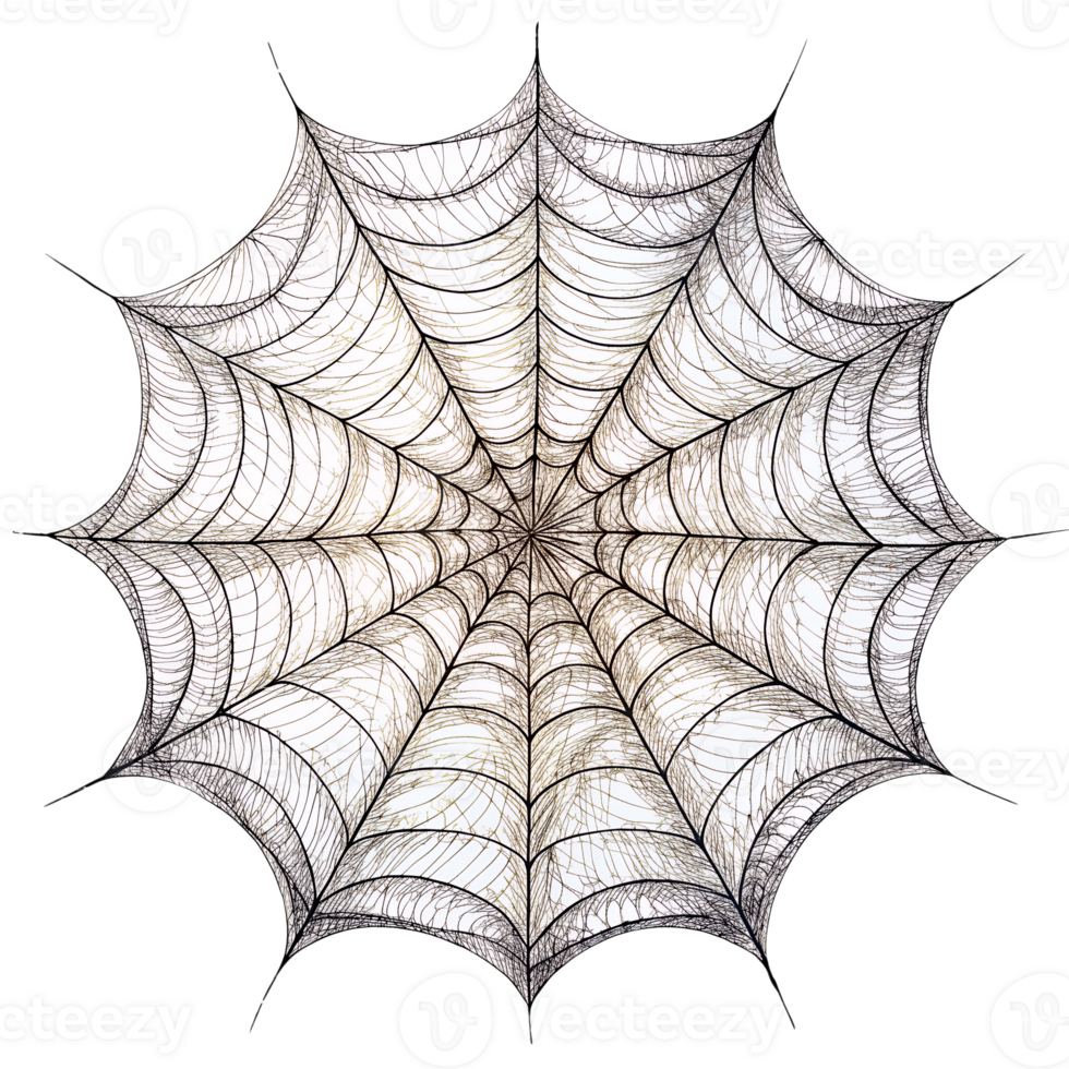 Close-up of a detailed spider web, showcasing its intricate patterns and natural artistry against a white background. png