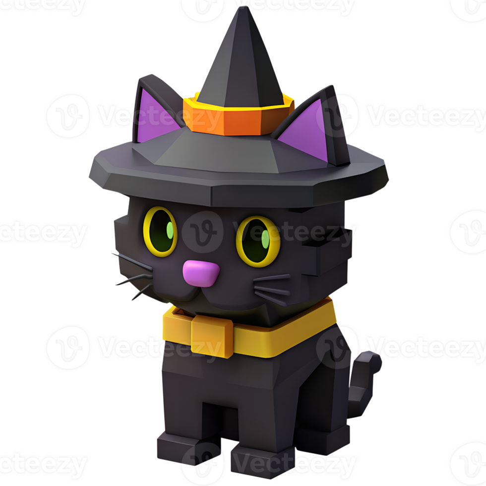 Cute 3D illustration of a black cat in a witch hat, perfect for Halloween themes and festive designs. png
