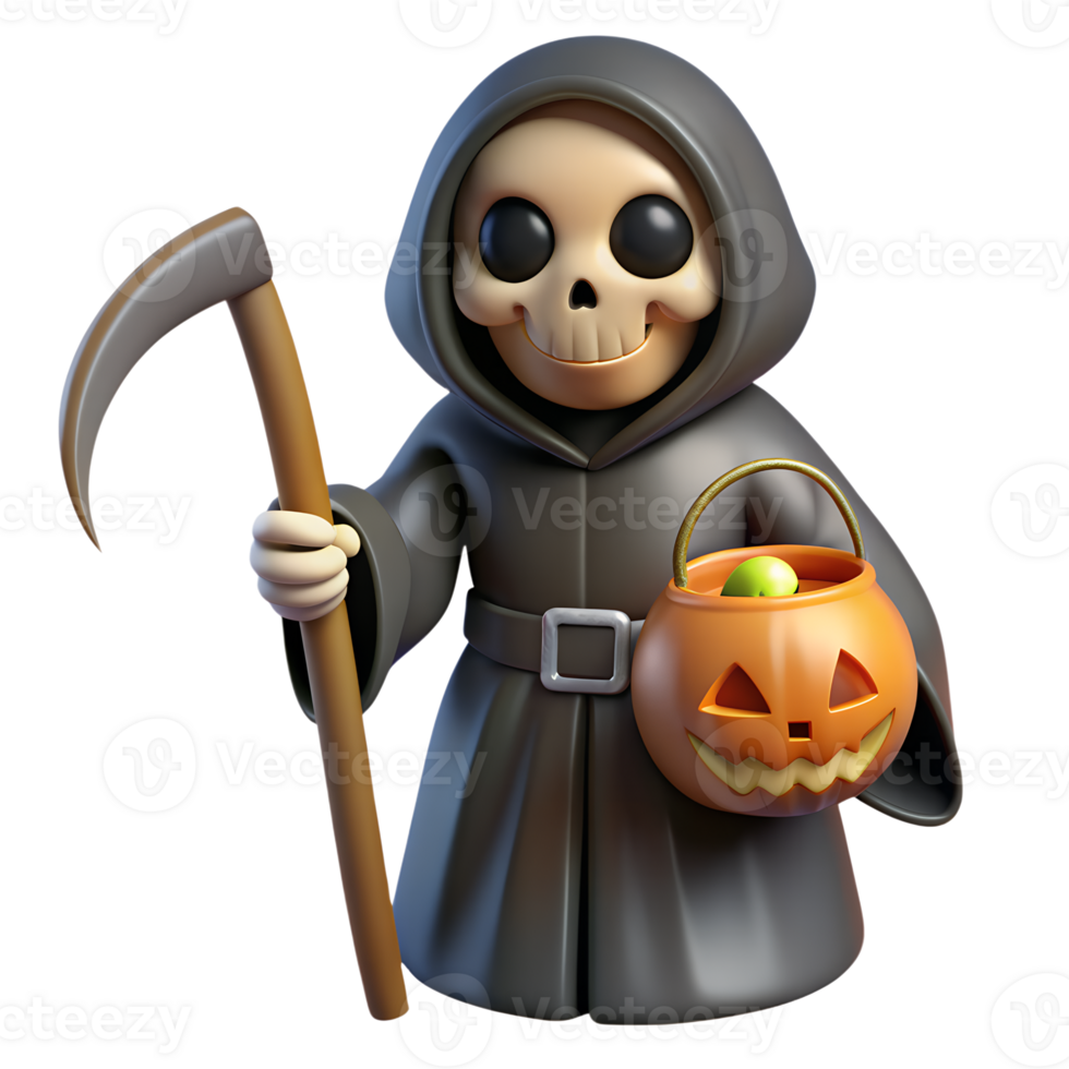 Cute grim reaper character in a black robe holding a Halloween pumpkin bucket and a scythe, perfect for spooky themed designs. png