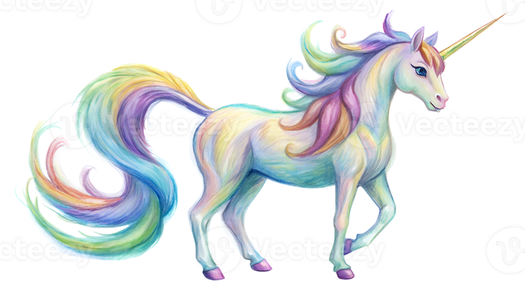 Colorful unicorn painting with vibrant rainbow mane and tail, ideal for fantasy art lovers seeking whimsical and magical designs. png