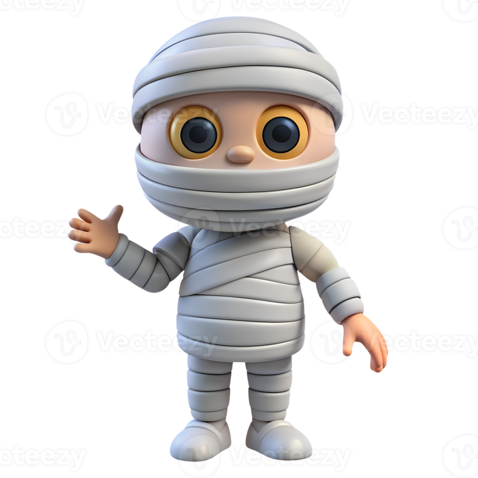 Cute animated mummy character wrapped in bandages waving with a friendly expression, suitable for Halloween and cartoon-themed projects. png
