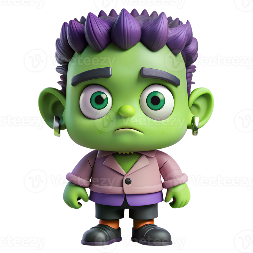 Cute 3D cartoon character with a green face, purple hair, and casual outfit, expressing a worried emotion. png