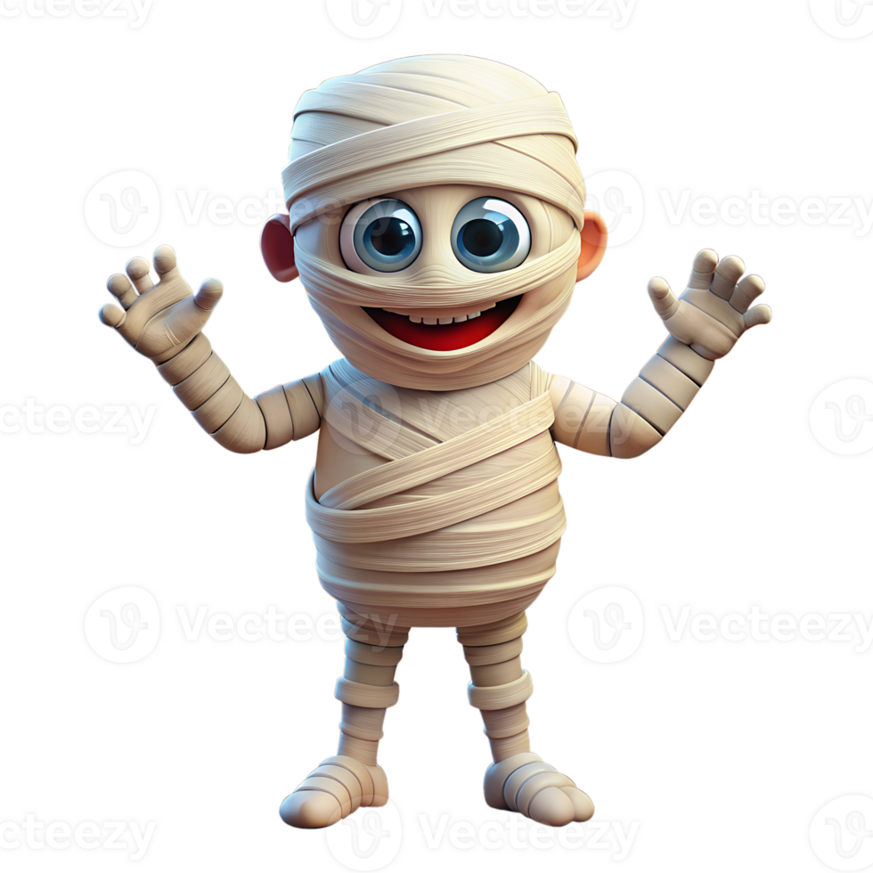 Cute cartoon mummy character wrapped in white bandages with big blue eyes, standing and waving cheerfully on a white background. png