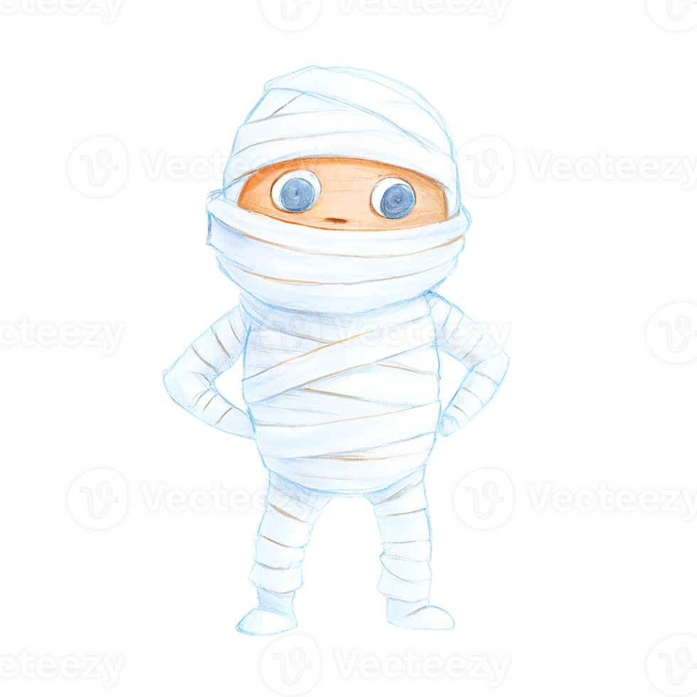 Cute cartoon mummy character wrapped in white bandages with big eyes, standing confidently with hands on hips. png