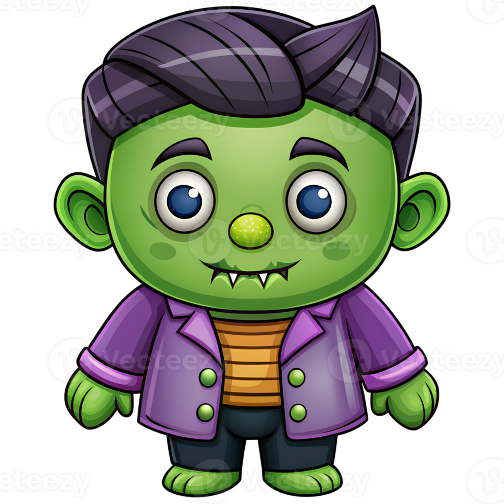Cute cartoon monster with green skin, purple jacket, and big eyes. Ideal for Halloween themes or children's illustrations. png