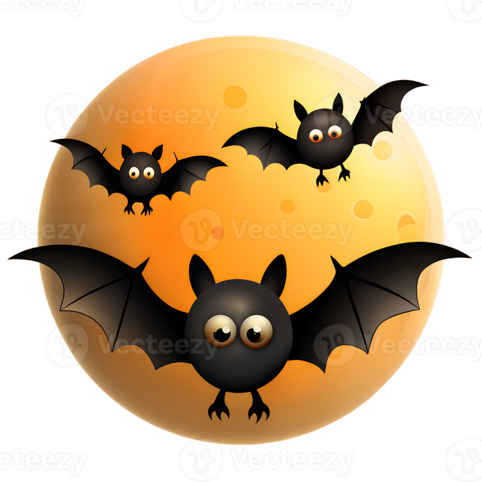 Illustration of three cartoon bats flying in front of a full moon with an orange gradient background, perfect for Halloween-themed projects. png