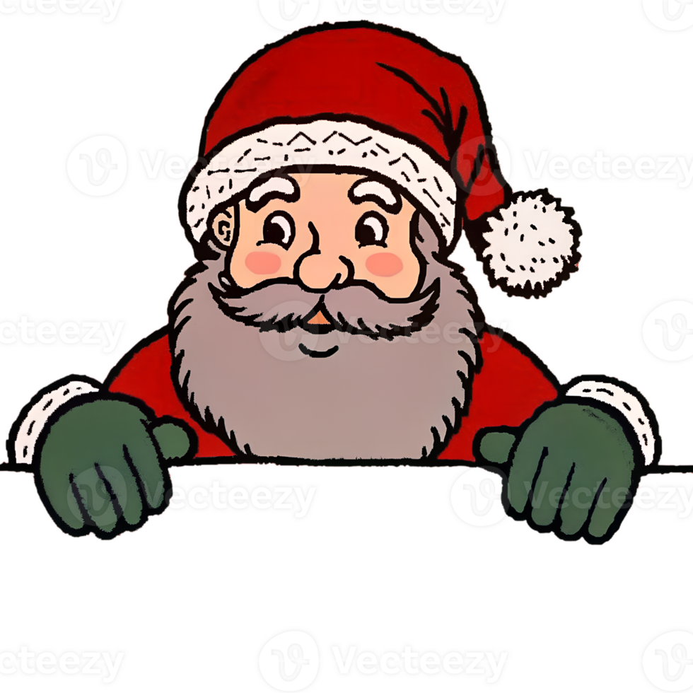 Illustration of Santa Claus in red suit and green gloves, looking cheerful with rosy cheeks and white beard. Perfect for Christmas themes. png