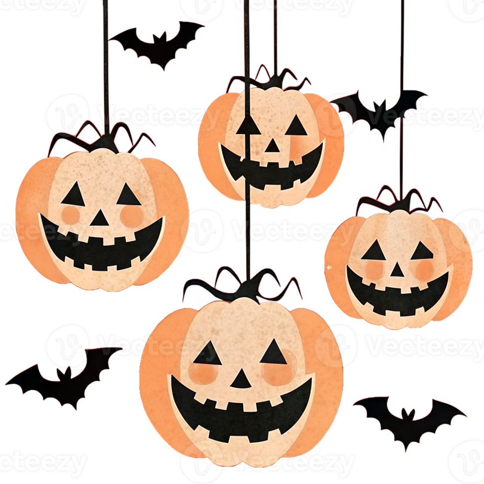 Hanging pumpkin lanterns with jack-o'-lantern faces and bats, perfect for Halloween decorations, creating a festive and spooky atmosphere. png