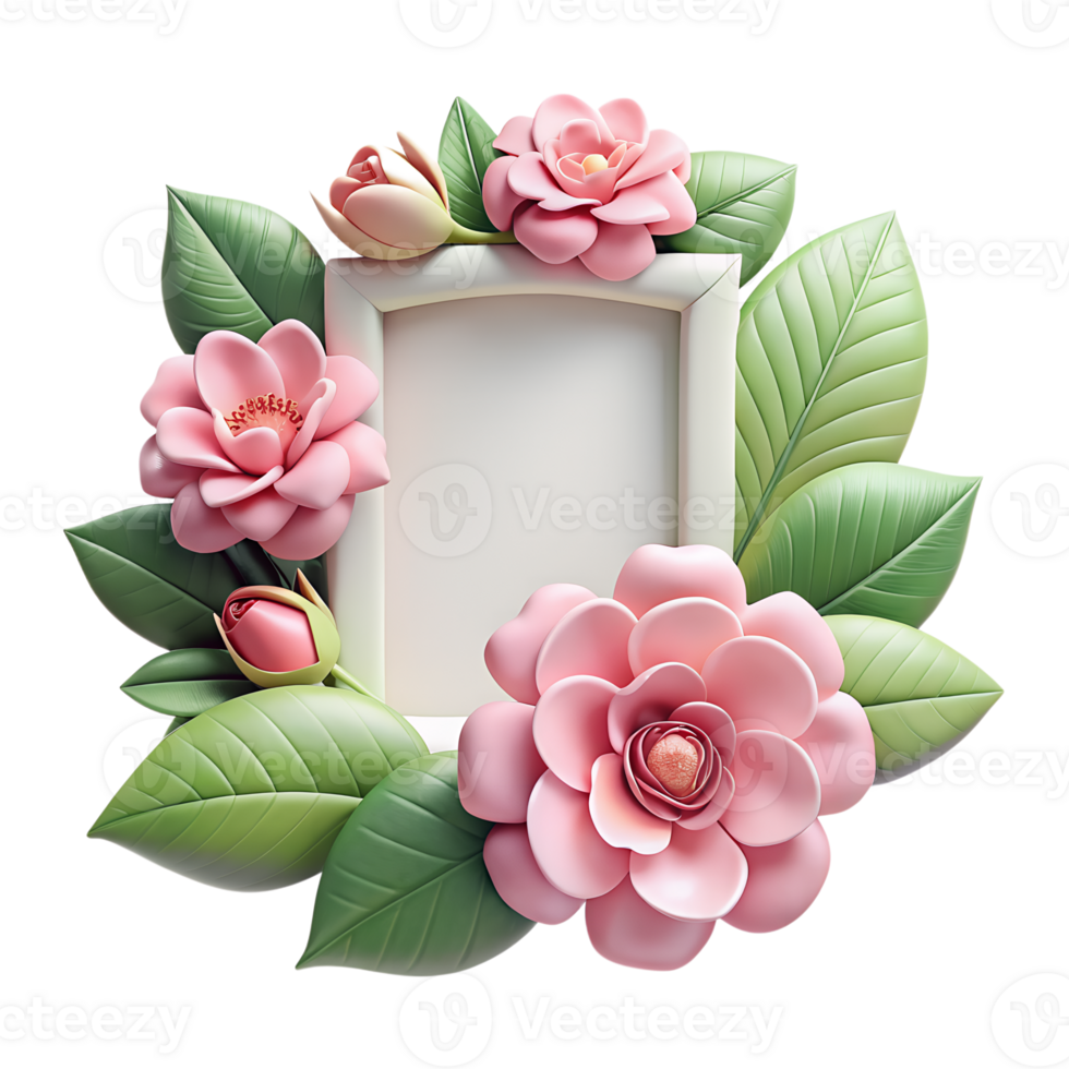 Elegant floral frame with pink flowers and green leaves, perfect for invitations or digital designs, illustration on white background. png