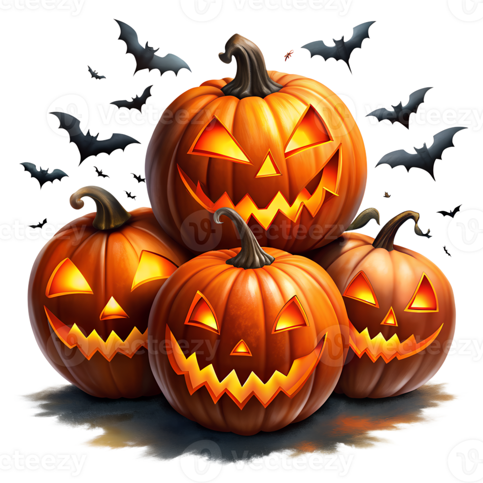 Happy Halloween Halloween pumpkins of different sizes and designs, bats flying in the background creating a spooky holiday atmosphere. png