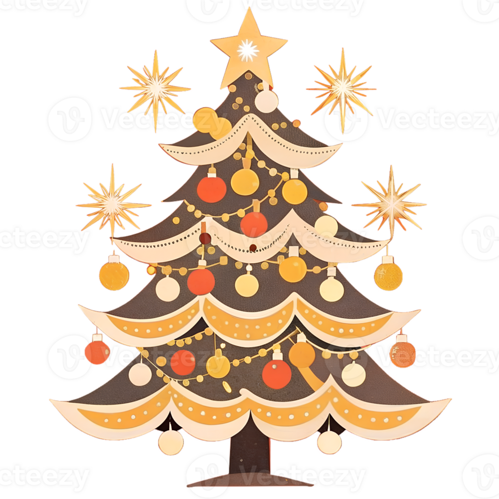 Festive Christmas tree with colorful decorations and glowing lights perfect for holiday celebrations and seasonal greetings. png