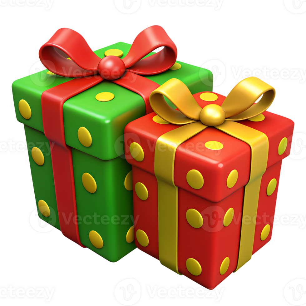 Festive holiday presents with red and green wrapping paper and polka-dotted bows, perfect for Christmas or celebration themes. png